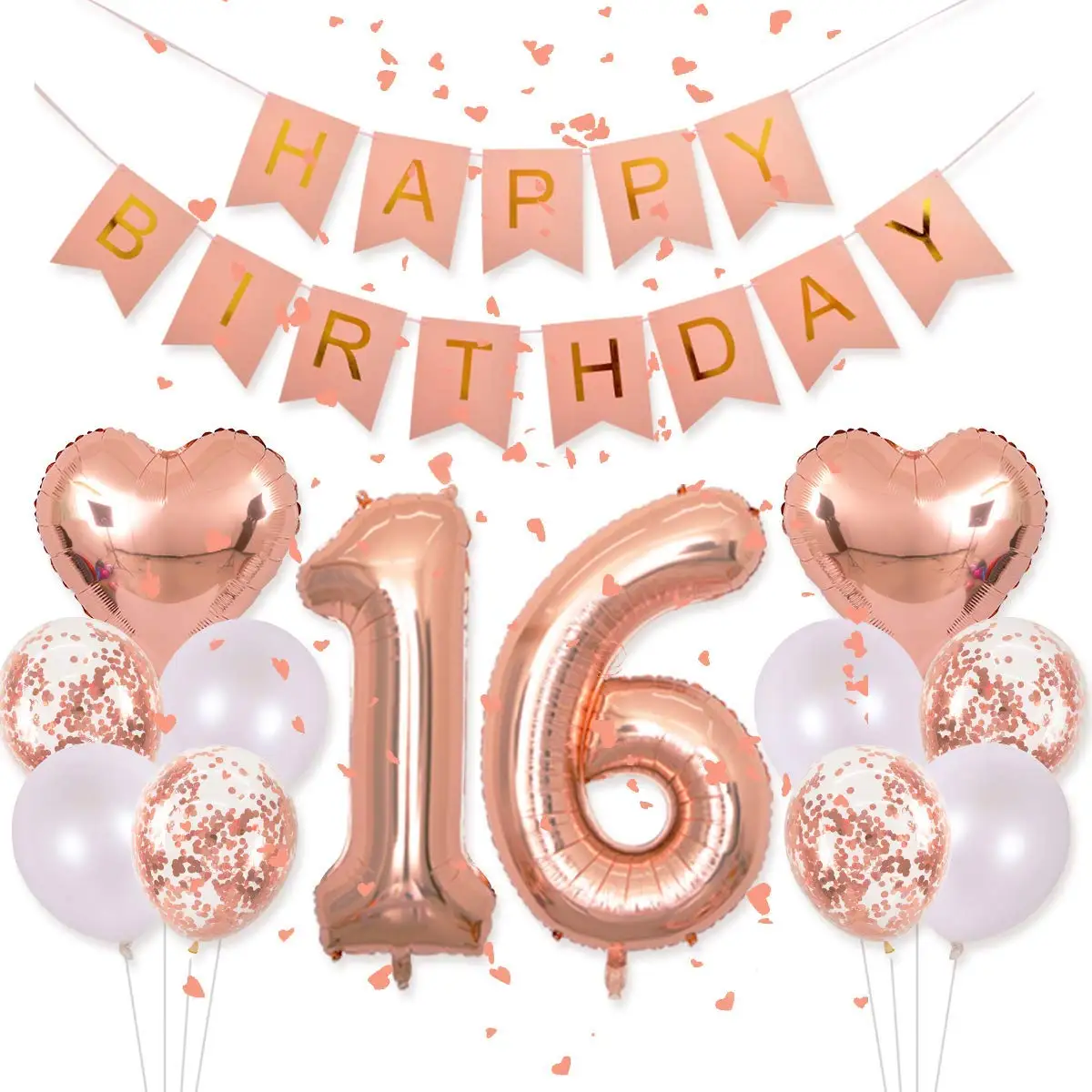 

ZLJQ 16th Birthday Party Decorations Rose Gold Confetti Balloons Happy Birthday Banner adult Photo Props Wedding Decorations 8