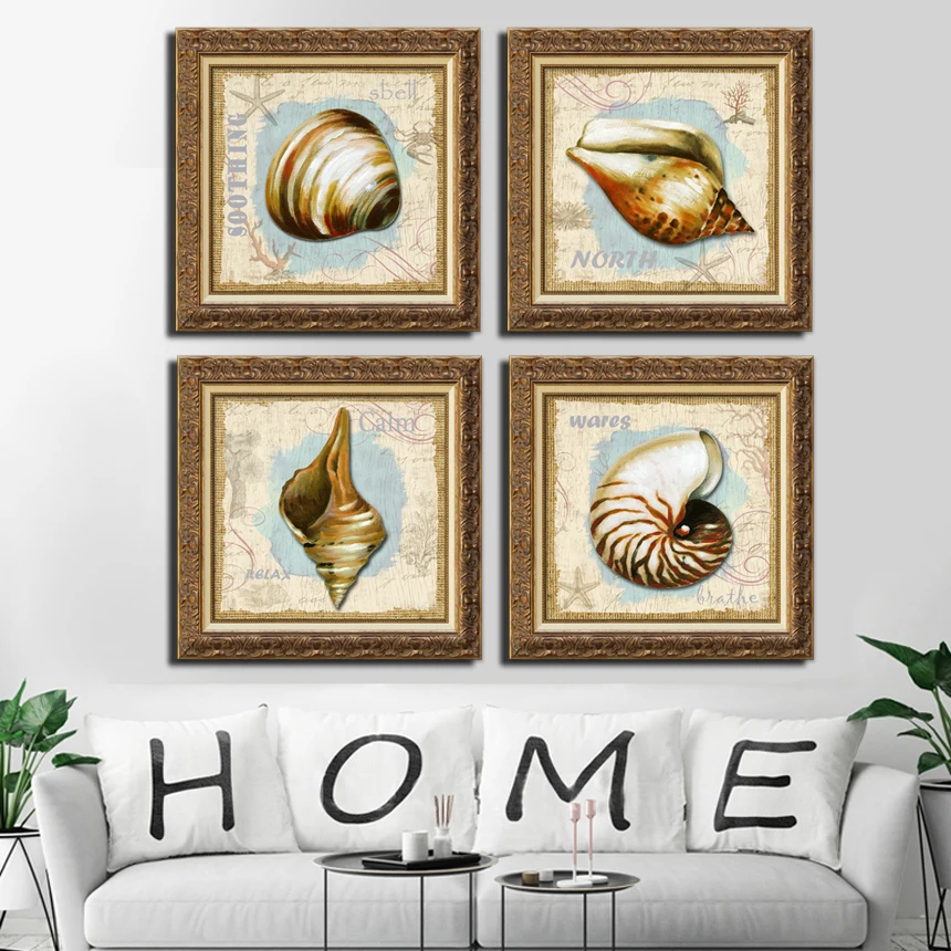 

4 Pieces Wall Art Modern Print Canvas Paintings Sea Beach Shell Conch Starfish Wall Pictures For Home Decor Frameless