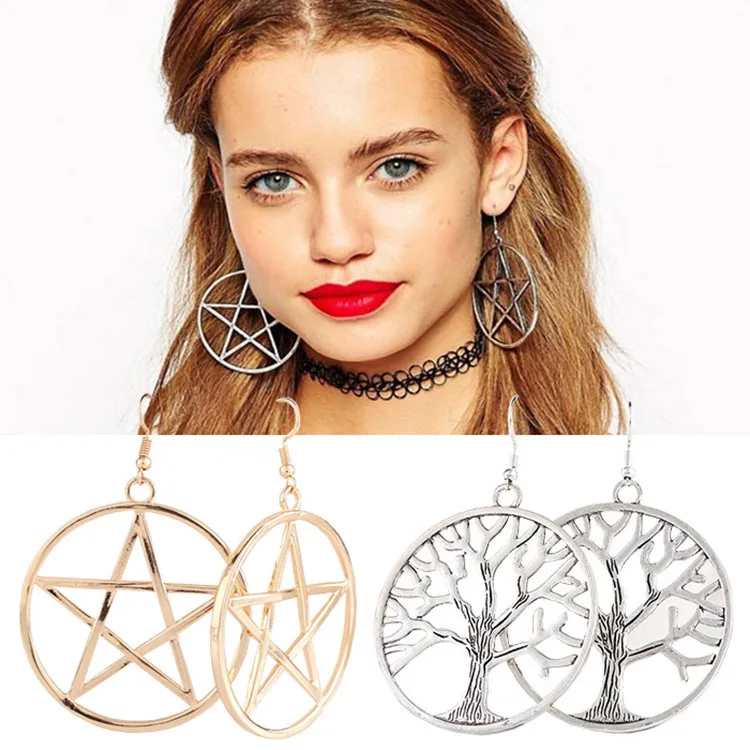 

Metal Geometric Earrings For Women David Of Star Brand Exaggeration Hollow Out Star Tree Branch Shape Circle Eardrop Jewelry
