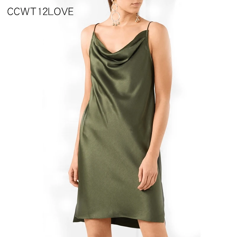 

Solid Mini Sexy Women Satin 2019 New Army Green Side Slit Sleeveless Slips Above Knee Ladies Sundress Summer