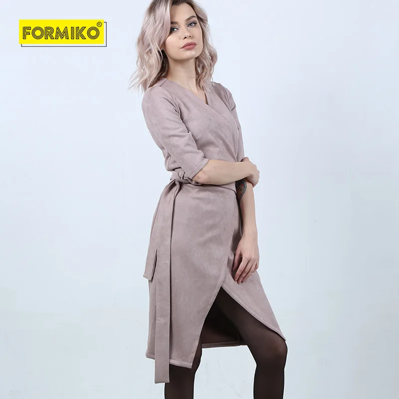 

Formiko Suede Deep V neck cardigan dress Women high waist with belt elegant dress Autumn Winter party Sexy Fitted Robe Dress