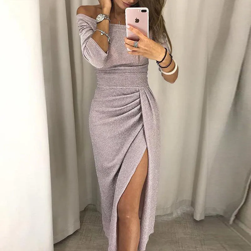 S-2XL Slash шеи Vestido Женские вечерние туфли модные женские туфли с открытыми плечами Разделение плиссированные платья 3/4 рукав Блестки для ночного клуба, Открытое платье без рукавов