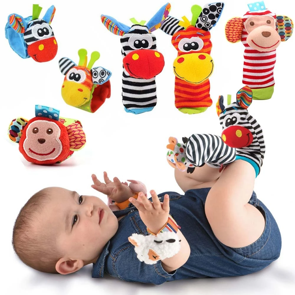 Bande dessinée bébé jouet poignet sangle chaussettes Animal en peluche hochets jouets pour enfants 0-12 mois nouveau-né pied Finder chaussette nouveau-né hochet