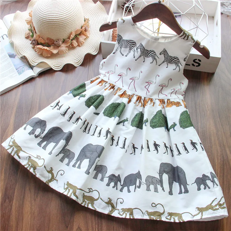 

Toddler Girl Summer Dress Cotton Kids Casual Wholesale Lots Bulk Clothes Little Girl Safari Cartoon Animal Print Party Dress