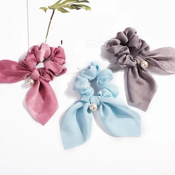 

Summer Chiffon Hair Scrunchies Women Ribbon Pearls Ponytail Holder Hair Tie Solid Silk Hair Rope Girls Hair Accessories
