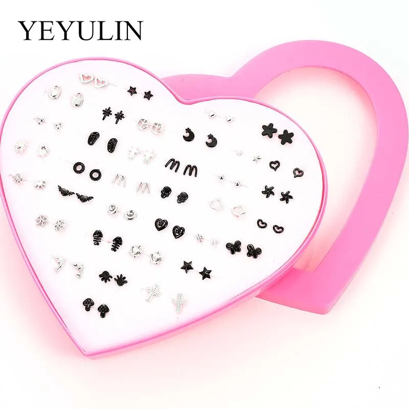 

36 pairs Mixed Love Heart Fish Cross Star Stud Earrings Women Girls Rose Dolphin Pink Heart Box Holding Ears Jewelry Gift