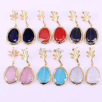

5Pairs Fashion gold electroplated Faceted Cat Eye stone dangle earrings New jewelry gift for lady