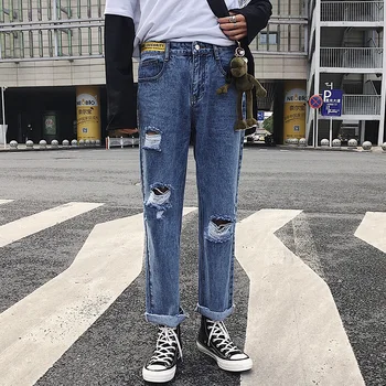 

2019 Men's Streetwear Casual Hole Decorate Blue Baggy Homme Jeans Fashion Trousers Straight-leg Cowboy Pants Plus Size M-3XL