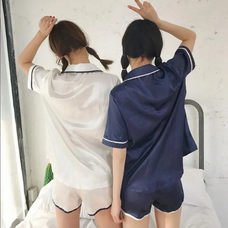 

Female Home Pajamas Women Cotton Hemp Lapels Button Short Type Sleep Sets Two Suits Leisure Simple Average Size White Blue Newly