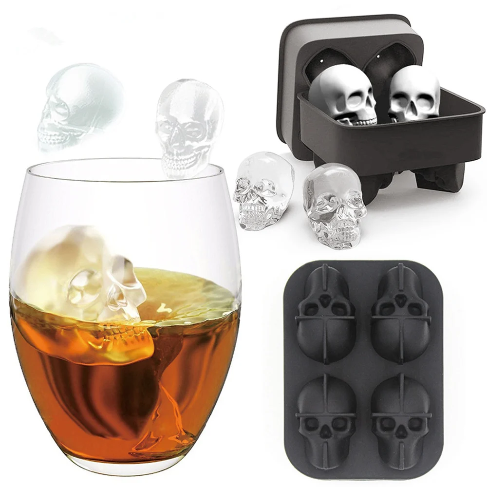 

4 Grids 3D Skull Head Ice Cube Mold Halloween Skull Shaped Whisky Wine Ice Cube Tray Maker Chocolate Mould Bar Party Supplies