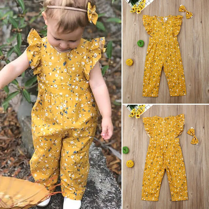 

2019 1-6T Baby Girls Floral Romper Summer Kids Clothes Toddler Fly Sleeve Jumpsuit Ruffle Romper+Headband Princess Outfit 2pcs