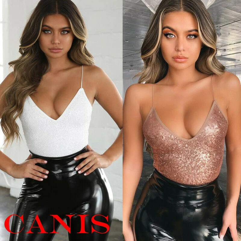 

2019 Sexy Women Lady Sleeveless Short Romper Jumpsuit Sequined V Neck Bodysuit Stretch Sequin Top Blouse