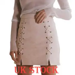 Сексуальные женские Дамские девочек высокой талией линии Lace-up Skirt Bodycon Тощий замши мини-юбка