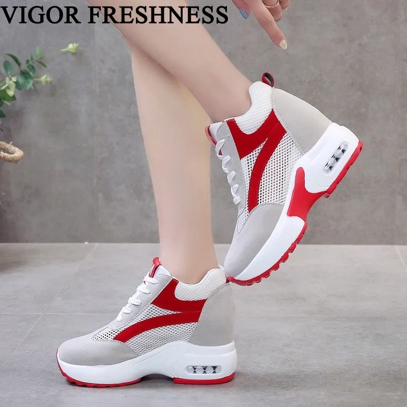 

VIGOR FRESHNESS Shoes Summer Women Sneakers 9CM Heels Platform Shoes Spring Mesh Sneakers Height Increasing Woman Shoes WY534