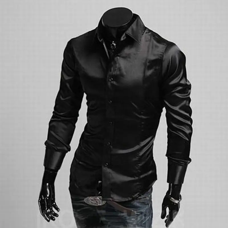 Новинка 2119, стильная модная мужская шелковая рубашка, одноцветная, с длинным рукавом, повседневная, официальная, на пуговицах, шелковые рубашки