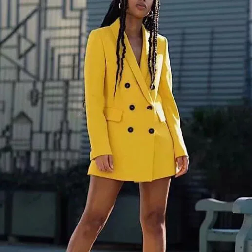 2019  Streetwear Double Breasted Long Blazers Women Office Lady Yellow Suit Jacket Leisure Blazer Loose Coat
