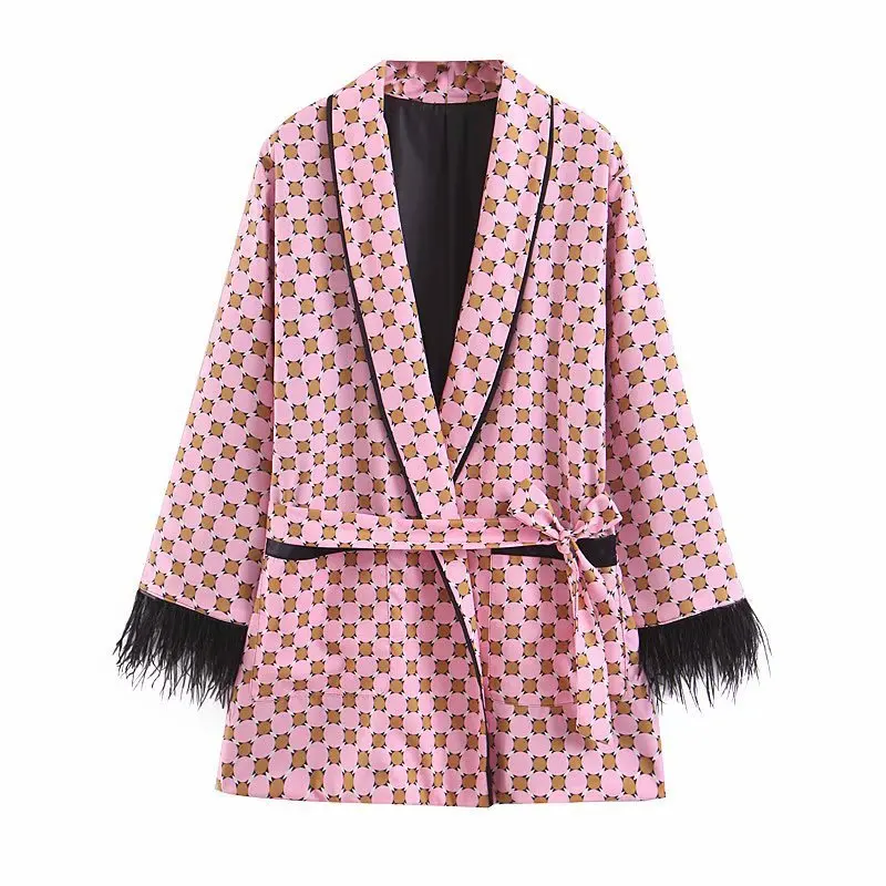 Кимоно с геометрическим принтом, пальто свободного кроя с поясом, женские широкие штаны, пижамы, розовый комплект из двух предметов, женский весенний летний комплект