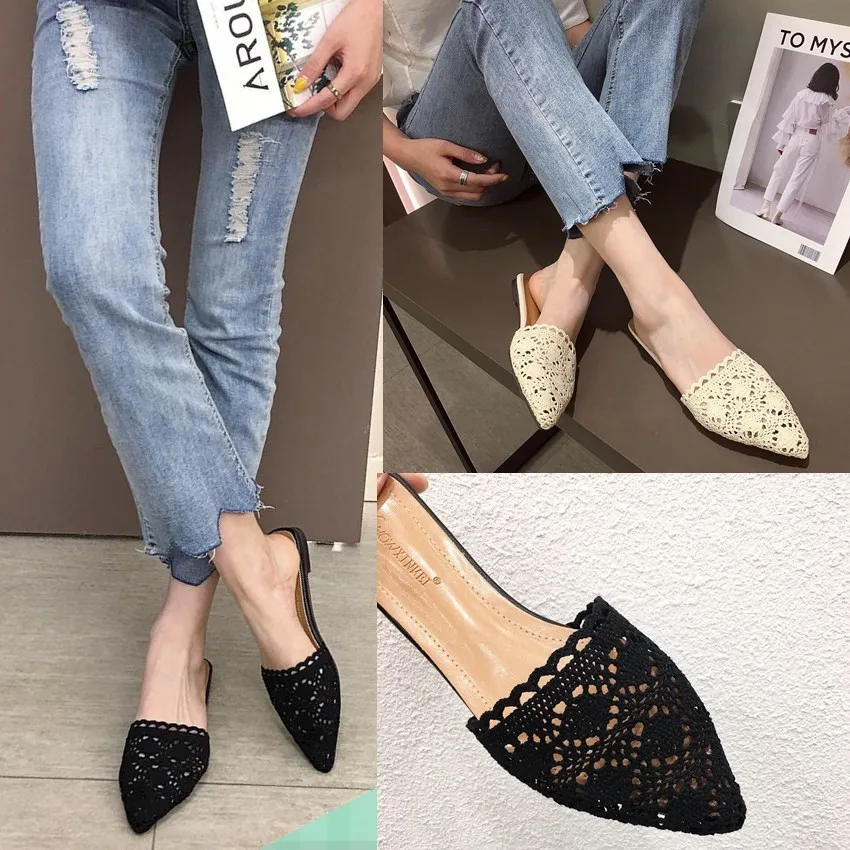 

Women Lace Mules Flat Heel Pointed Toe Slip-ons Slides Lady Summer Slippers