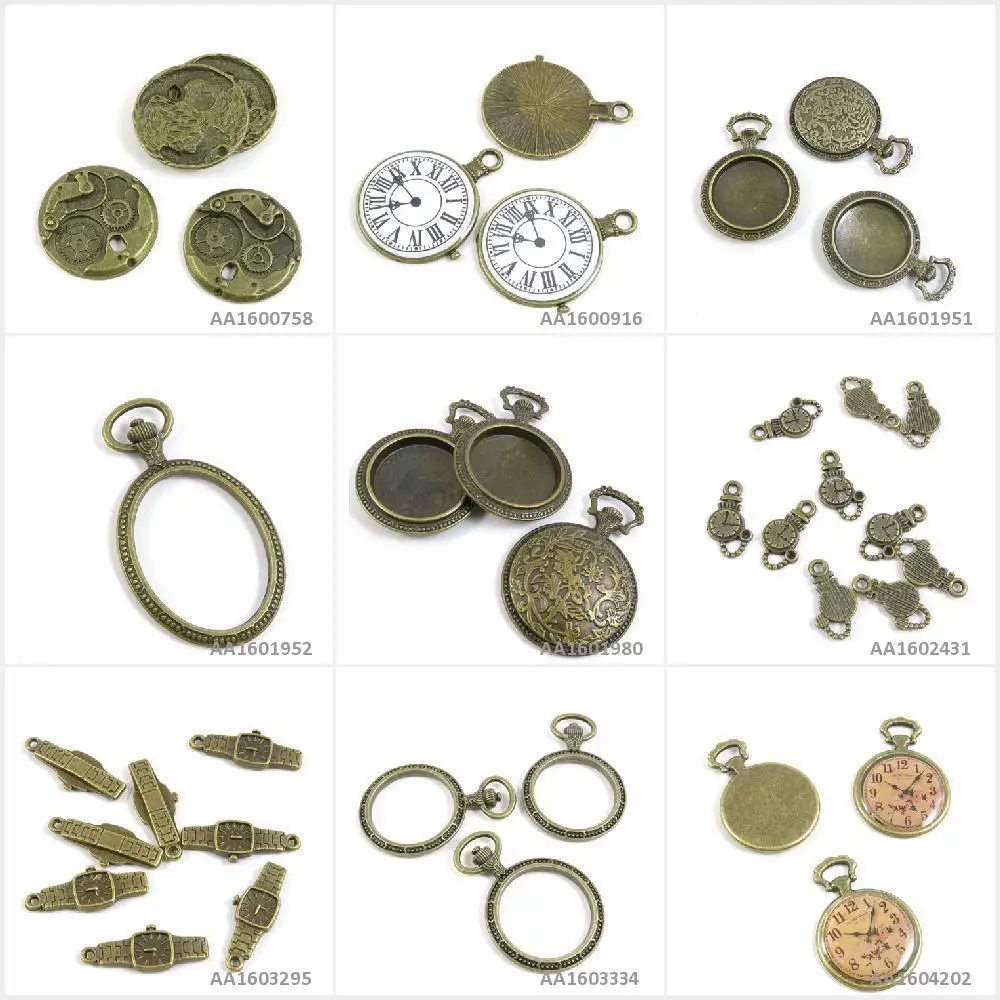 

Antique Bronze Tone Jewelry Charms Pocket Watch Clock Round Frame Cabochon Base Oval Cover Movement Cog Steampunk Pendant Craft