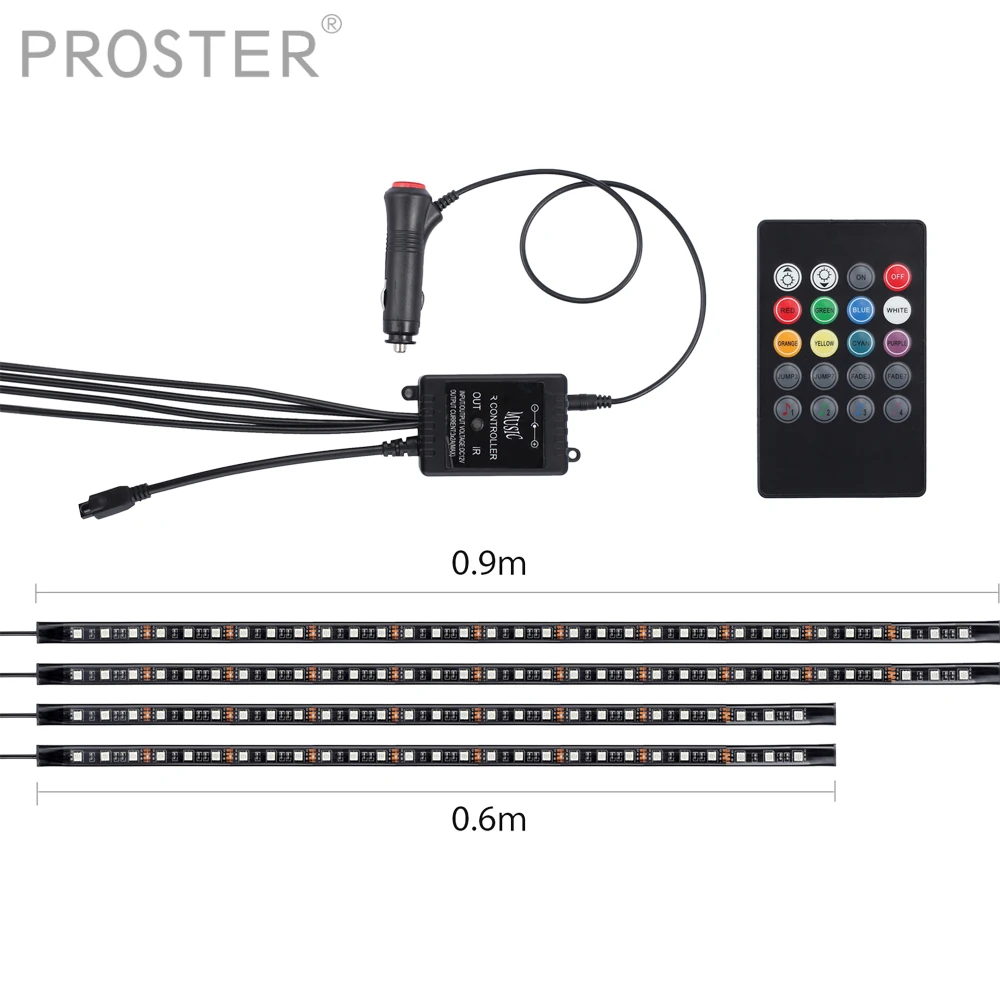 

PROSTER 4pcs RGB LED 8 Color Under Car Tube Strip Underglow Body Neon Light Wireless Remote 12V