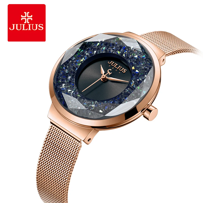 Femininos de Cristal Relógio de Pulso de Quartzo Julius Moda Senhora Relógios Luxo Casual Senhoras Aço Inoxidável Pulseira Relógio