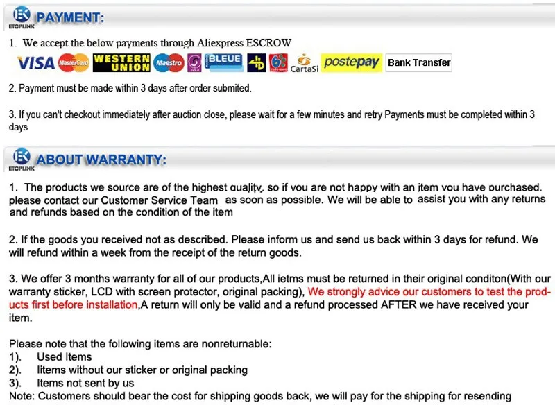 mobile phone spare parts payment