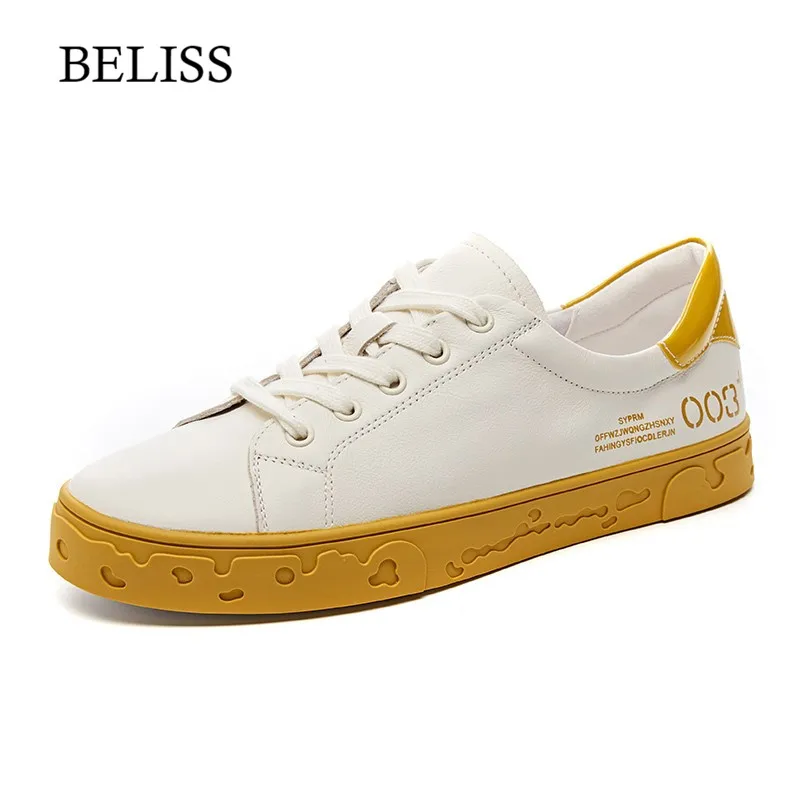 

BELISS Genuine Leather Flats Shoes Women Loafers Round Toe Summer Casual Ladies Shoes Lace Up Women Flats Shoes Platform P40