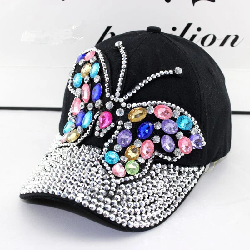 2019 Fall Baseball Cap Vrouwen Volledige Crystal Kleurrijke Grote Vlinder Hoed Denim Bling Strass Snapback Caps Pet Zomer Hoeden