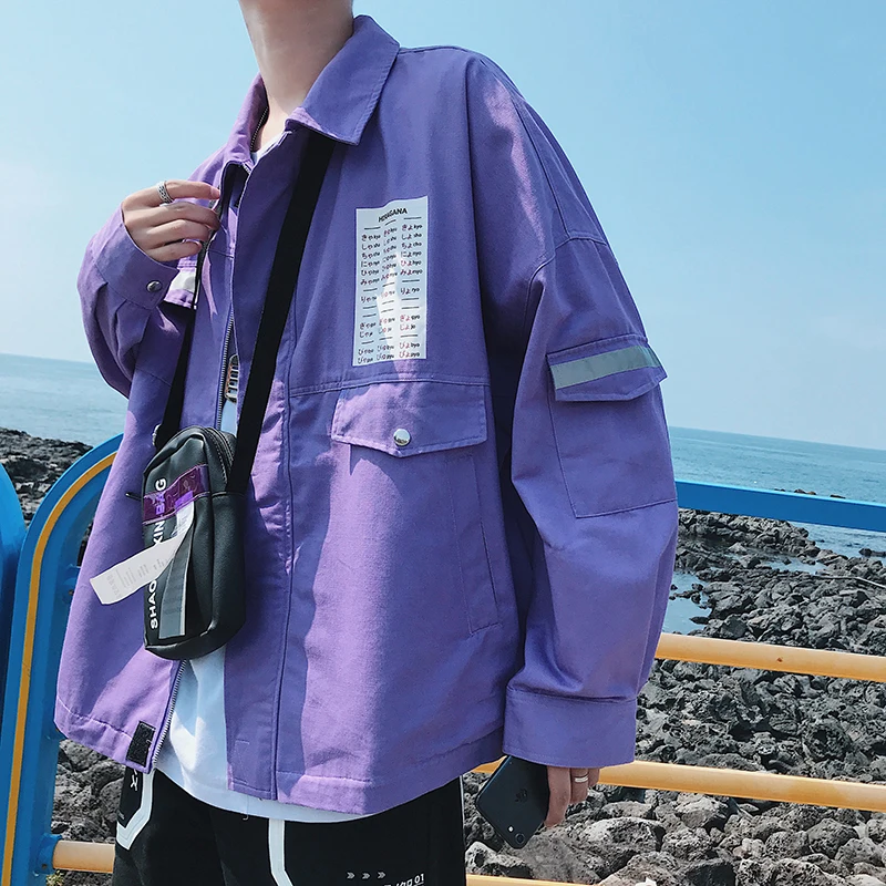 

2019Spring And Autumn Loaded Hong Kong Style Multi-pocket Reflective Strip Jacket Loose Casual Jacket Red / Purple / Black M-2XL