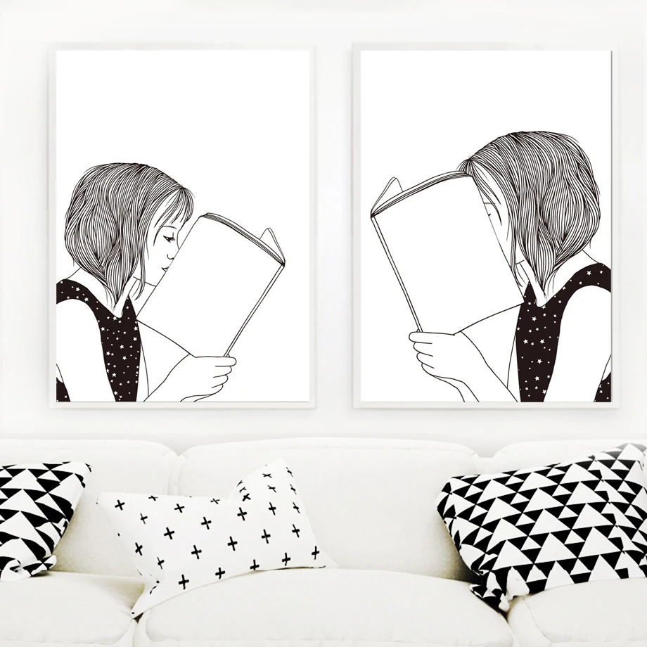 

3 Pieces Quiet Girl Book Black White Wall Art Canvas Painting Nordic Posters And Prints Wall Pictures For Living Room Decor