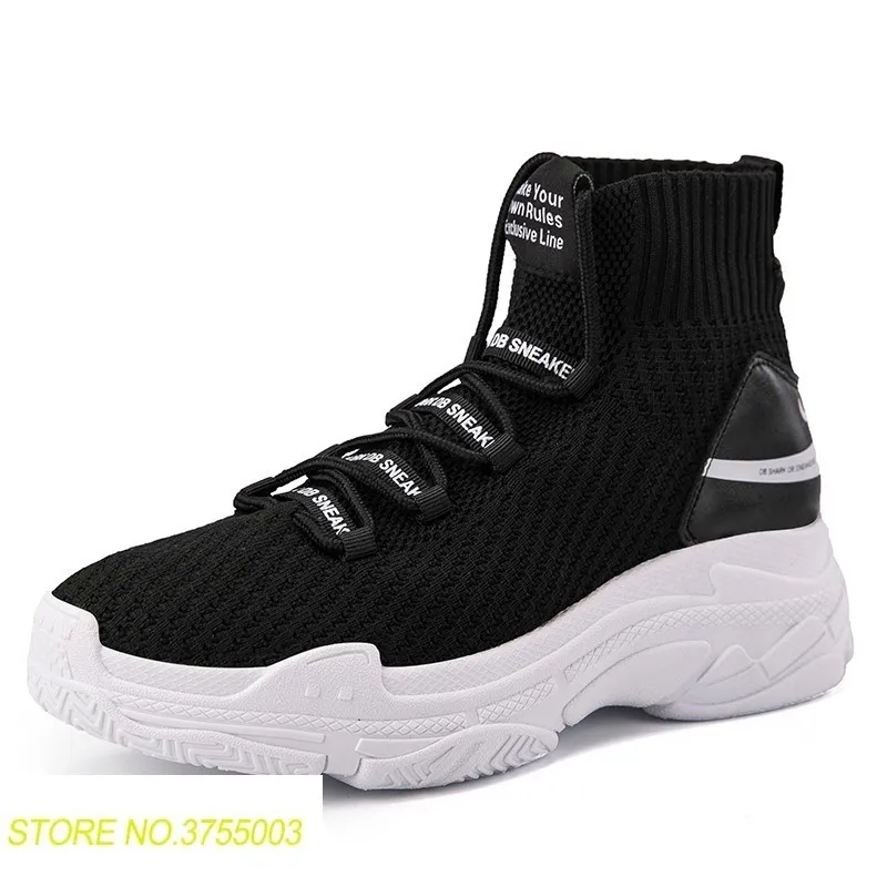 

Shark Logo High Top Sneakers Women Knit Upper Breathable Sock Shoes Thick Sole 5 CM Fashion sapato feminino Black / White
