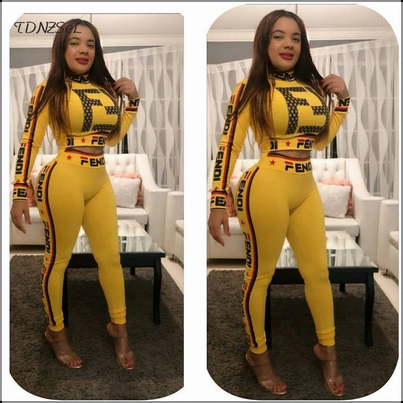 

Women Sport Trousers Brand 2 Two Piece Sets Casual Fitness Skinny Long Sleeve Crop Tops Elastic Waist Running Stretch Leggings