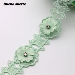 1 ярд белый зеленый 3D цветок вышитые стразами кружевная бейка аппликация ткани кружева лента швейное ремесло для костюма Hat украшения