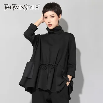 

TWOTWINSTYLE Pullover Tops Female Turtleneck Long Sleeve Drawstring T-shirts Female Oversized 2020 Spring Casual Fashion Clothes