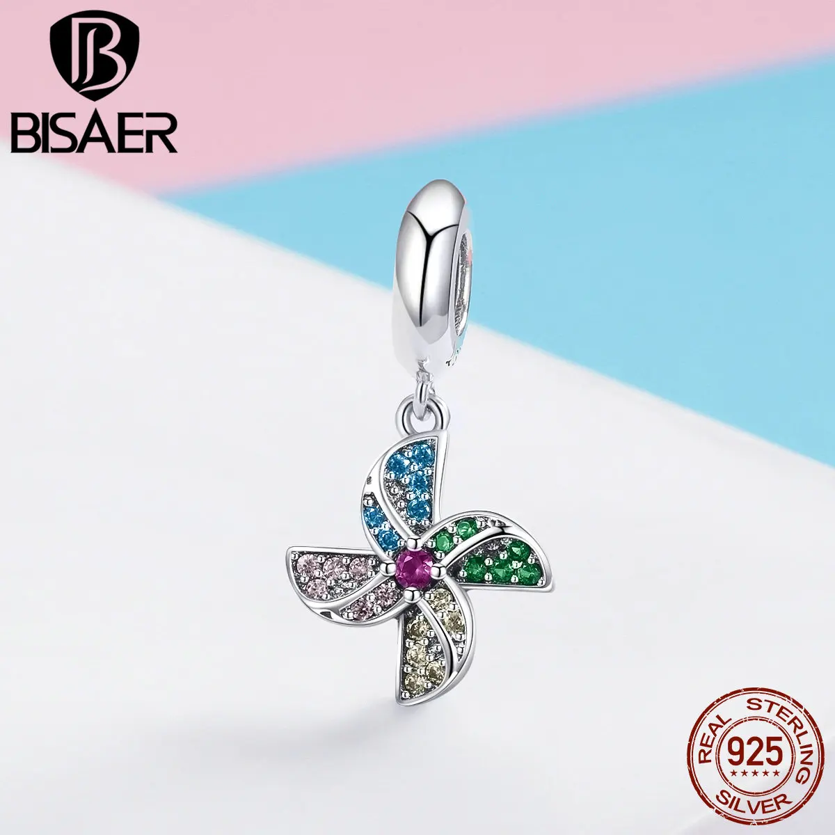 

BISAER 925 Sterling Silver Happiness Windmill Lucky Pendant Beads fit Bracelets Silver 925 Jewelry Making New Year Gift ECC971