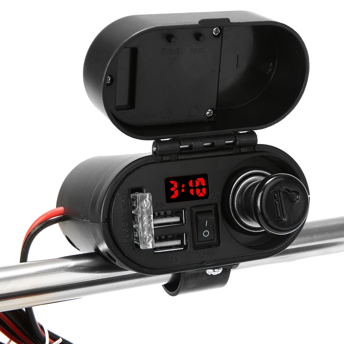 

Mayitr 1pc 12-24V Motorcycle Handlebar Cigarette Lighter Socket + 1.5/3A Dual USB Charger + Digital Clock + LCD Voltmeter