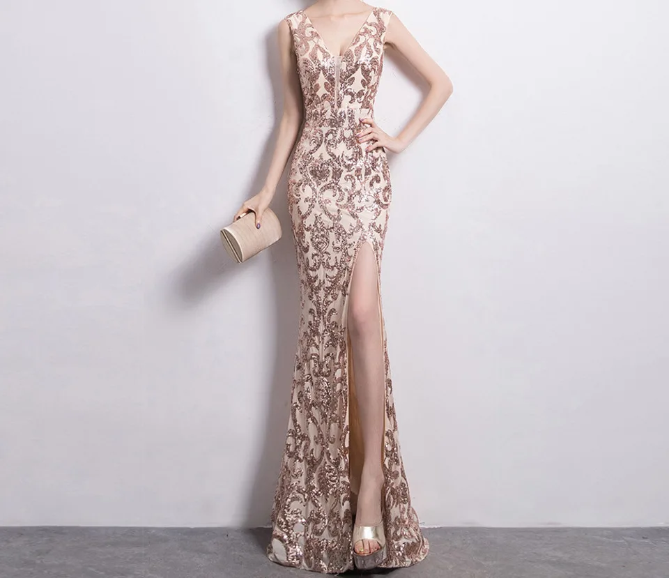 

Slit shiny Banquet maxi Dress Fashion Golden Sexy Long Fish Tail Night Dinner Full boat neck strapless dresses/gown