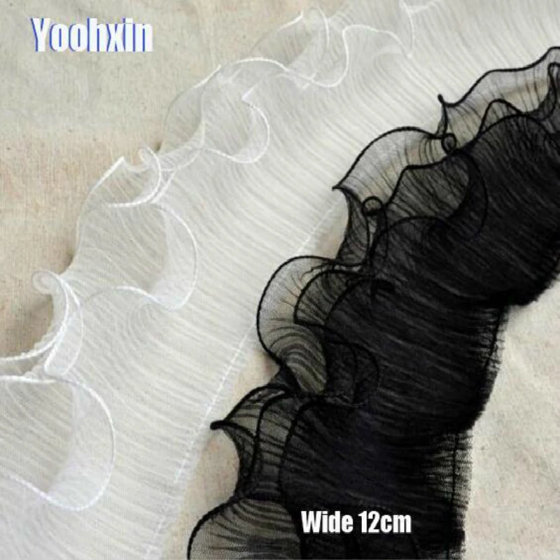 

12CM Wide White Black Elastic Ruffle Trim Chiffon Lace Fabric Folded Sewing Ribbon Lace Collar Applique Guipure Women Dress DIY
