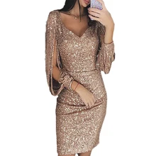 Womens Dress Sequined Shining Long Sleeve Tassel Sheath Charms Lady Sexy S-Xl Size Plus Bodycon Party Club Knee-Length Dress Womens Dress Sequined Shining Long Sleeve Tassel Sheath Charms Lady Sexy S-Xl Size Plus Bodycon Party Club Knee-Length Dress