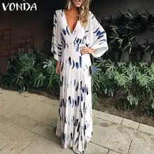 VONDA богемное летнее женское длинное платье макси, сексуальное платье с цветочным принтом, винтажное пляжное платье с v-образным вырезом и расклешенными рукавами, большие вечерние платья