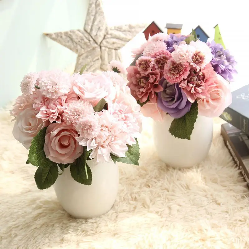 Silk Flower Roses Artificial Flowers for Wedding Decoration Silk Dahlia Hybrid Flower for Home Decor Fall Vivid Fake Leaf Flower