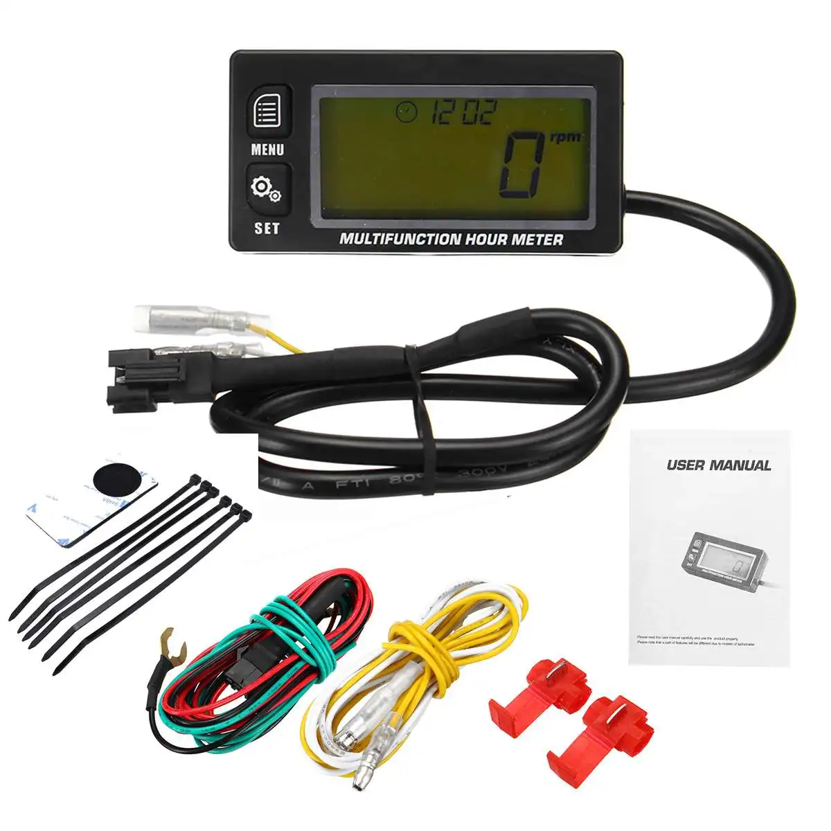 

Waterproof Motorcycle Tachometer Marine Boat ATV Motorcycle Backlit Multinational LCD Digital Tachometer Voltmeter Hour Meter