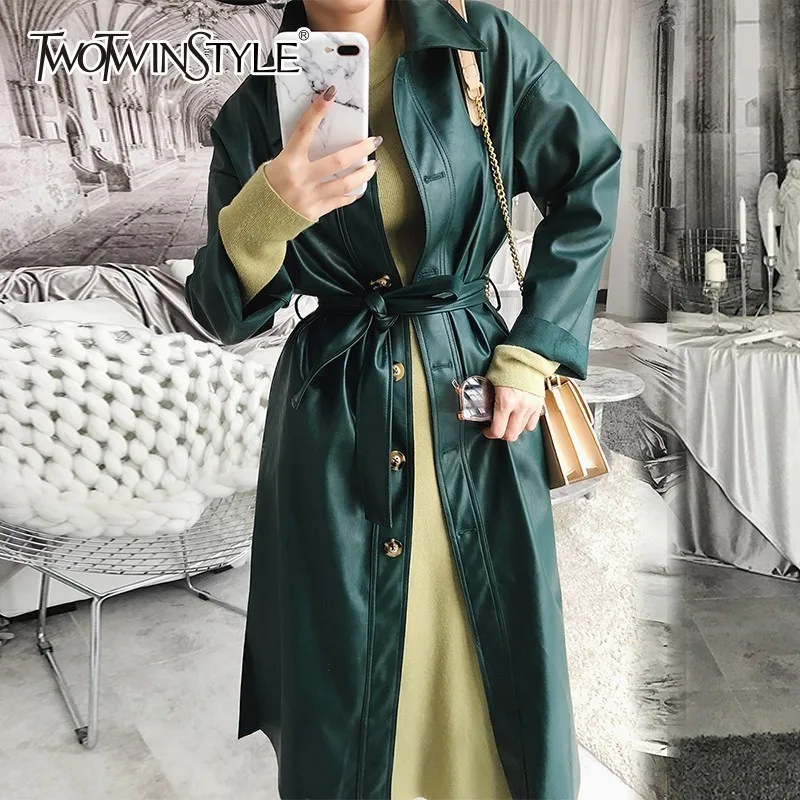 TWOTWINSTYLE PU Leather Trench Coats Female Long Sleeve Lace Up Long Windbreaker For Women Vintage Fashion 2018 Autumn Clothes TWOTWINSTYLE PU Leather Trench Coats Female Long Sleeve Lace Up Long Windbreaker For Women Vintage Fashion 2018 Autumn Clothes
