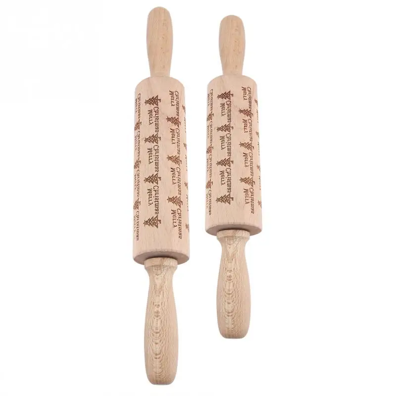 

Wooden Embossed Christmas Tree Rolling Pin Baking Cookies Decorative Dough Roller Mold