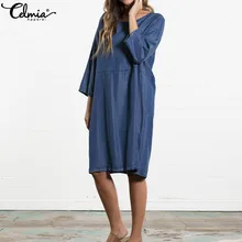 Celmai, винтажное женское джинсовое длинное платье-рубашка, повседневное свободное Женское Платье До Колена, летнее платье, одноцветное, мешковатое платье, S-5XL