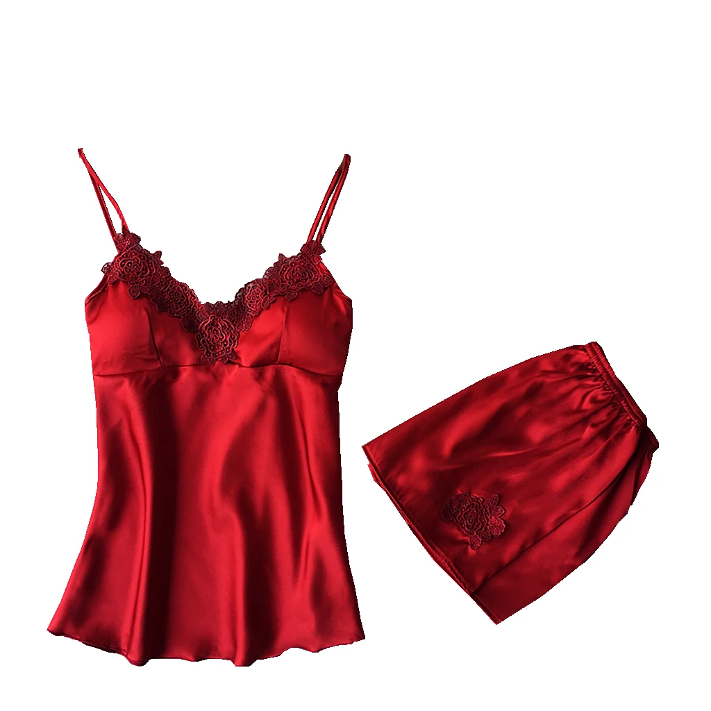 

New 2pcs Womens Sexy Embroidery Floral Satin Lace Sleepwear Push Up Camis Topa Babydoll Lingerie Nightdress Pajamas Set