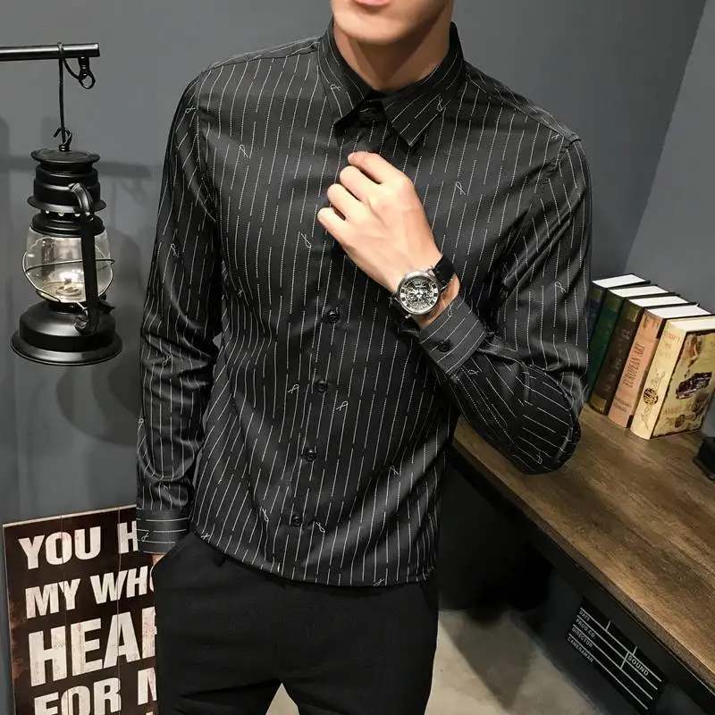 

Fashion Casual Men's New Shirt Autumn And Winter M-3XL Striped Square Collar Temperament Solid Color Personality Slim Youth