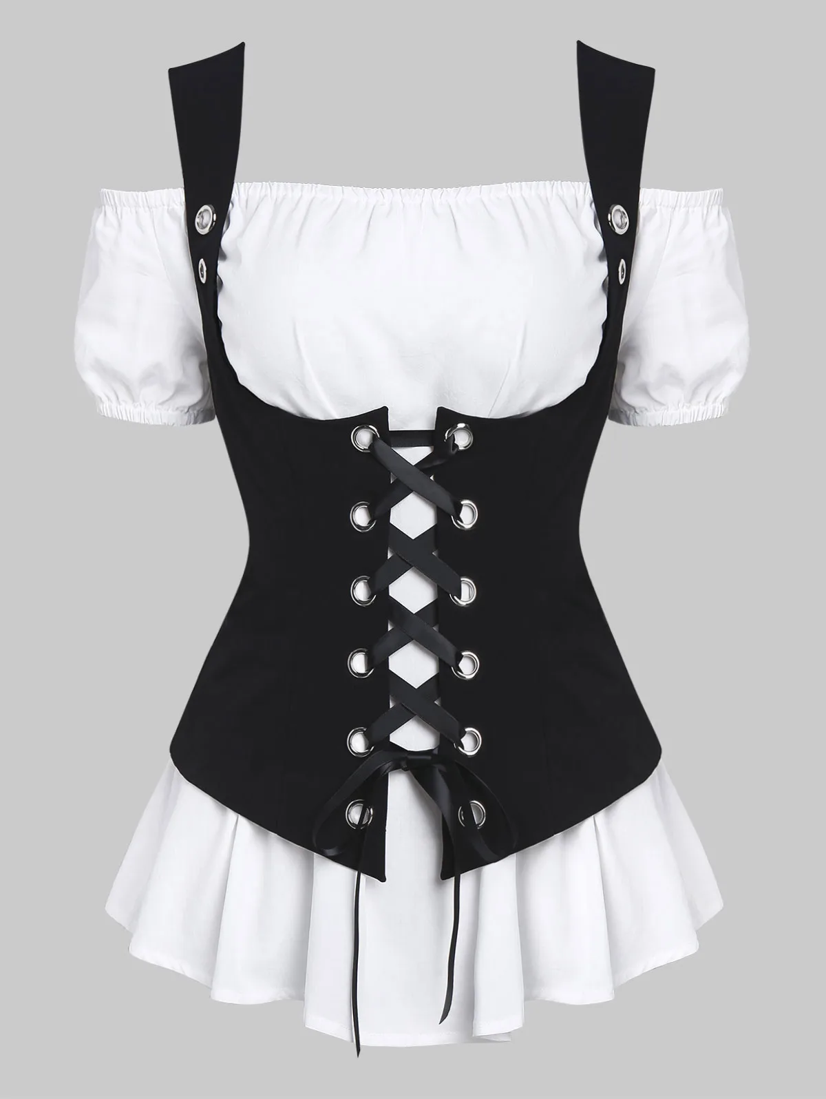 

Wipalo Off Shoulder A Line Blouse Shirts And Lace-Up Waistcoat Set Women Tunic Blouses Summer Short Sleeves Fashion Lady Blusas
