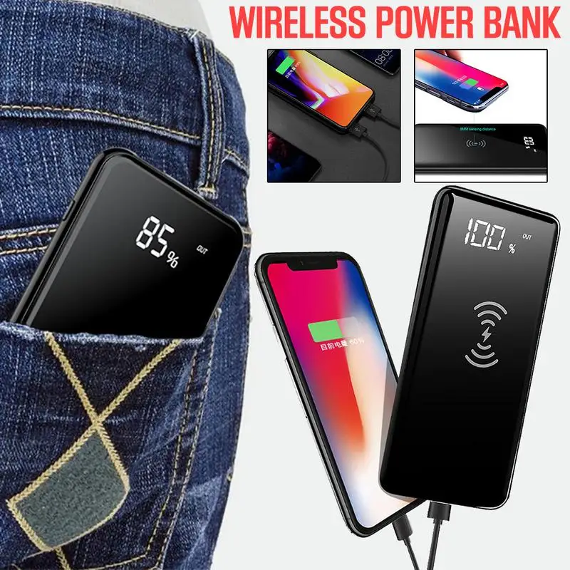 

QC03 Mirror Wireless Charger Large Capacity Digital Display Stand Dual U Output Super Thin Mobile Power Bank QI Wireless Charger