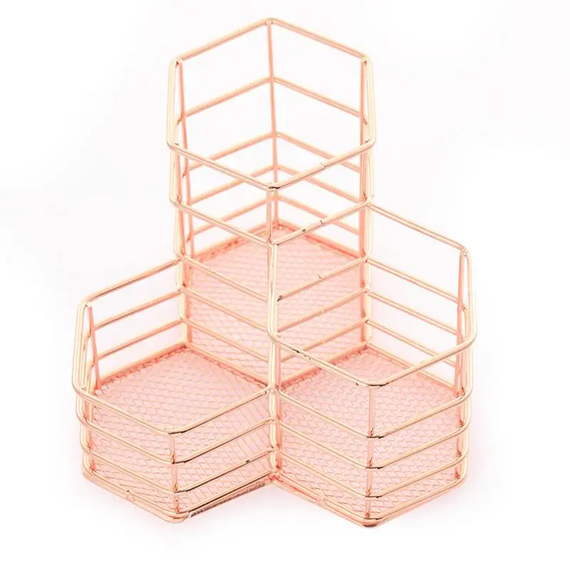 

Makeup Brush Holder Hexagon Vase Metal Mesh Basket Desk Organizer Pen Holder Gold Rose Wire Golden Pen Pencil Hot Hollow Holder